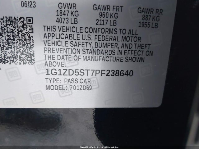 43731342 :رقم المزاد ، 1G1ZD5ST7PF238640 vin ، 2023 Chevrolet Malibu Fwd 1lt مزاد بيع
