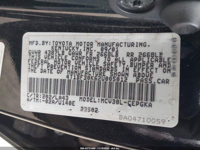 Aukcja sprzedaży 2002 Toyota Camry Xle V6, vin: 4T1BF30K62U005012, numer aukcji: 43731409