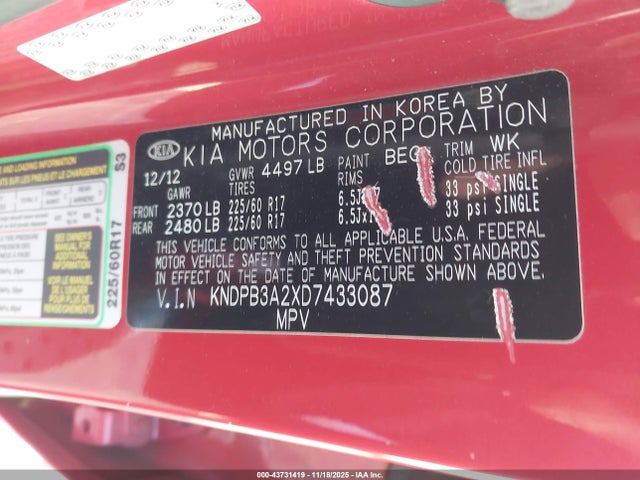 43731419 :رقم المزاد ، KNDPB3A2XD7433087 vin ، 2013 Kia Sportage Lx مزاد بيع