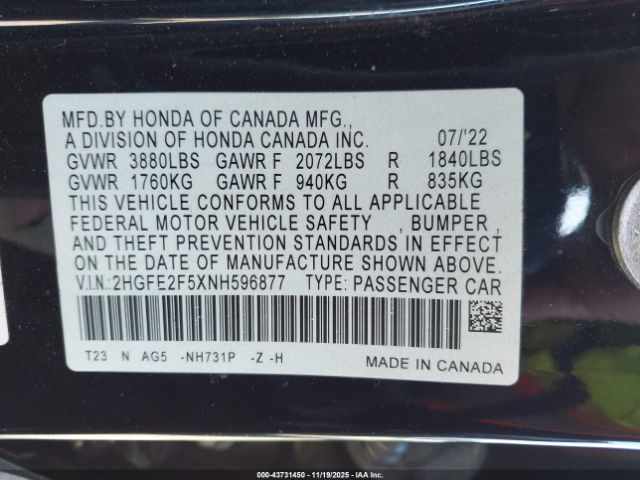 2022 HONDA CIVIC 2HGFE2F5XNH596877 Photo 8