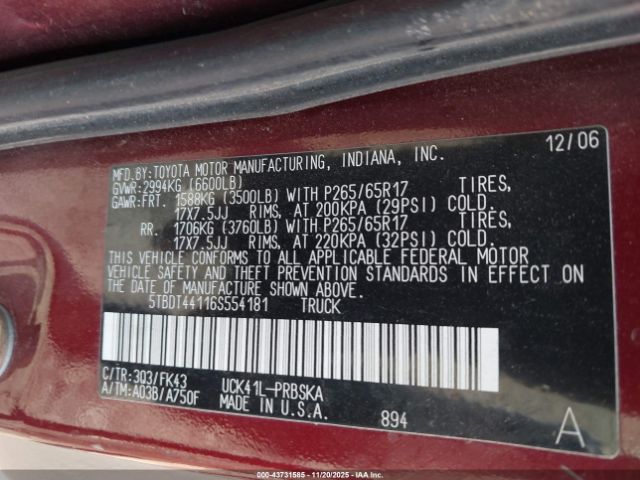 2006 TOYOTA TUNDRA 5TBDT44116S554181 Photo 8