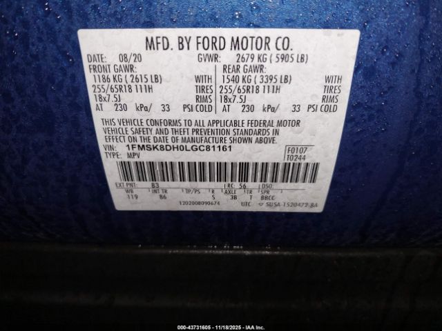 2020 FORD EXPLORER 1FMSK8DH0LGC81161 Photo 8