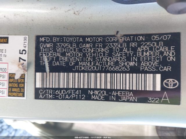 2007 TOYOTA PRIUS JTDKB20U177668263 Photo 8