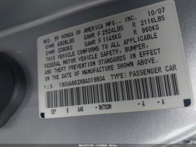 2008 ACURA TL 19UUA662X8A019804 Photo 8