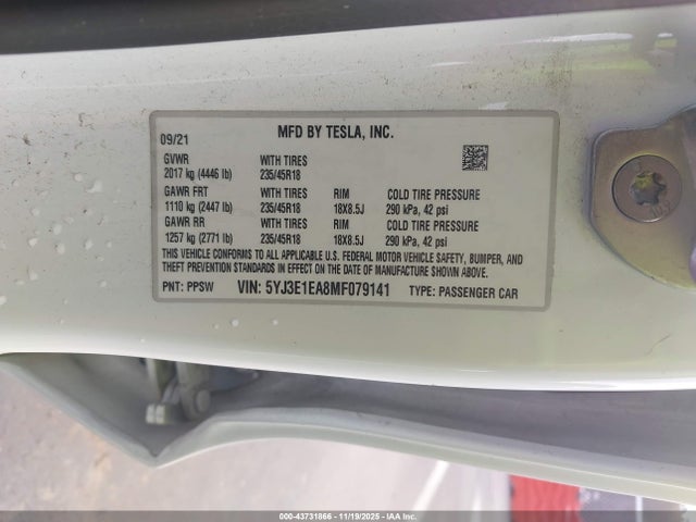 2021 TESLA MODEL 3 5YJ3E1EA8MF079141 Photo 8