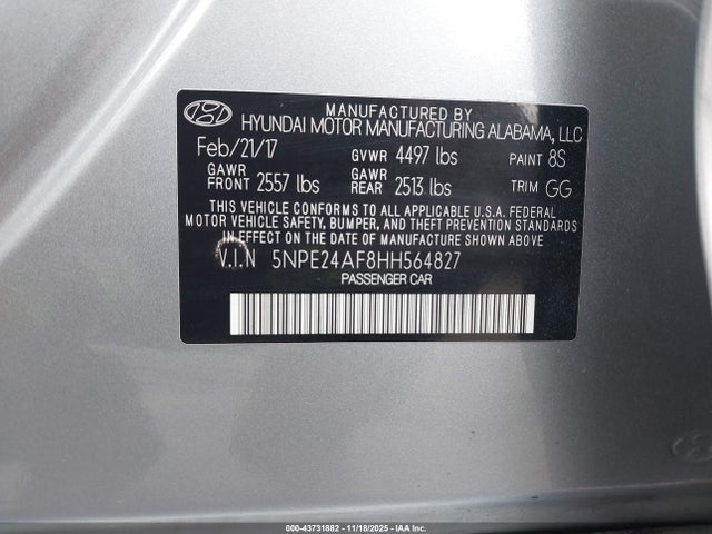 5NPE24AF8HH564827 Hyundai Sonata