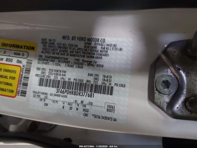 2013 Ford Fusion Se მანქანა იყიდება აუქციონზე, vin: 3FA6P0HR8DR377681, აუქციონის ნომერი: 43731904