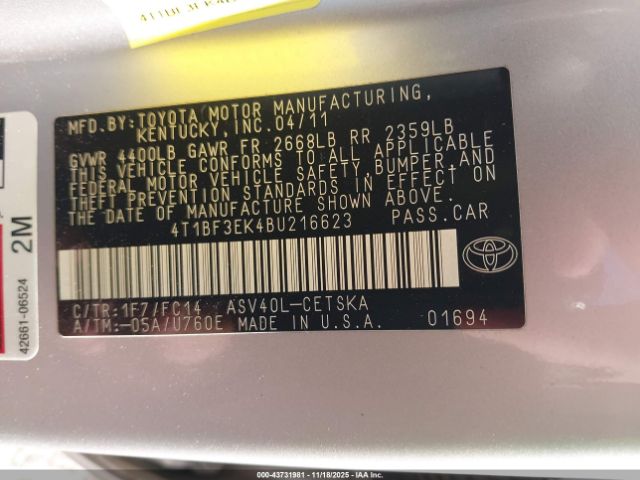 2011 TOYOTA CAMRY 4T1BF3EK4BU216623 Photo 8