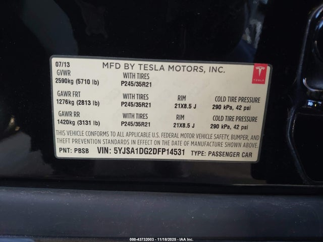 2013 TESLA MODEL S 5YJSA1DG2DFP14531 Photo 8