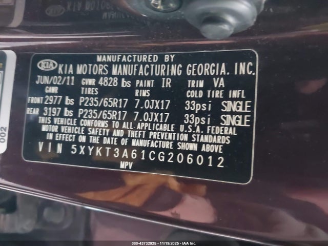 43732025 :رقم المزاد ، 5XYKT3A61CG206012 vin ، 2012 Kia Sorento Lx مزاد بيع