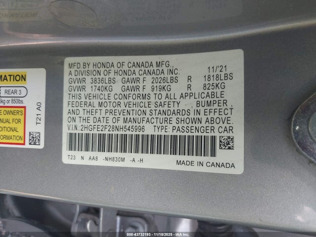 2HGFE2F28NH545996 Honda Civic Lx