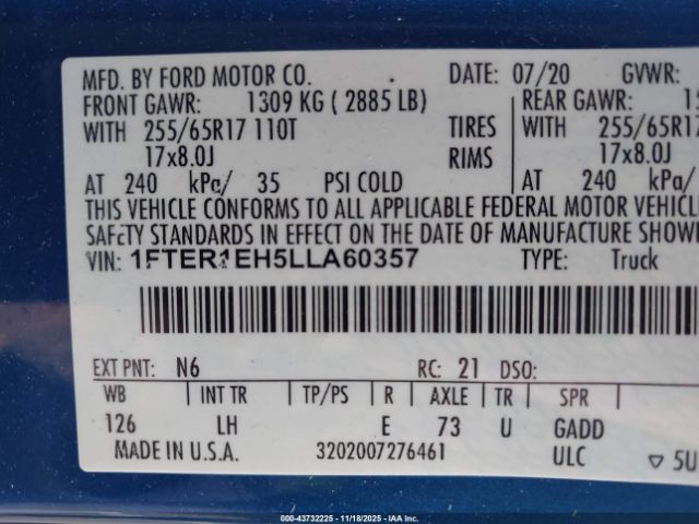 2020 FORD RANGER 1FTER1EH5LLA60357 Photo 8