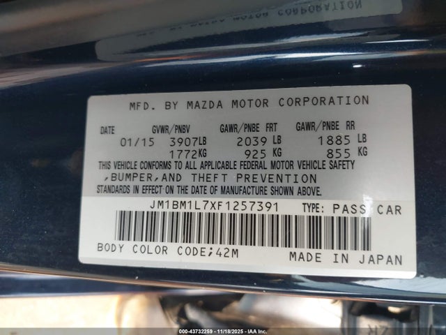 Продаж на аукціоні авто 2015 Mazda Mazda3 I Touring, vin: JM1BM1L7XF1257391, номер лоту: 43732259