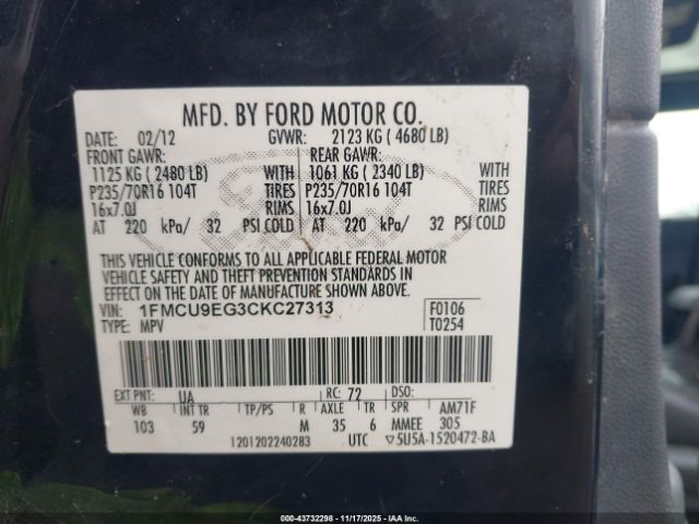 2012 FORD ESCAPE 1FMCU9EG3CKC27313 Photo 8