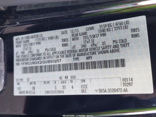 2016 FORD ESCAPE 1FMCU9GX2GUB93257 Photo 8