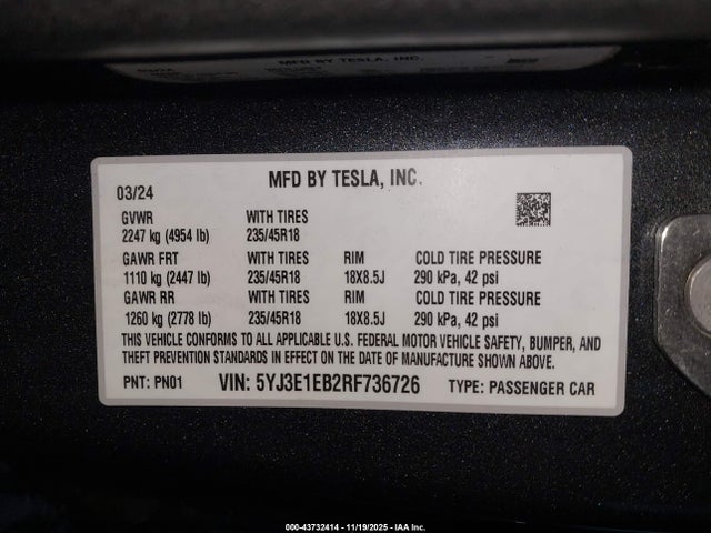 2024 TESLA MODEL 3 5YJ3E1EB2RF736726 Photo 8