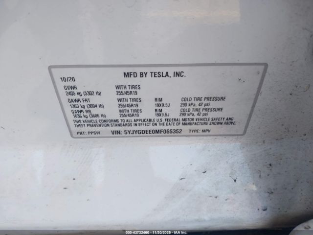 2021 TESLA MODEL Y 5YJYGDEE0MF065352 Photo 8