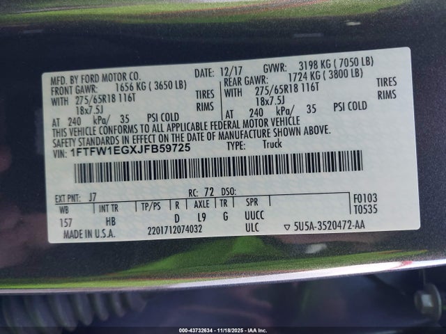1FTFW1EGXJFB59725 Ford F-150 Lariat