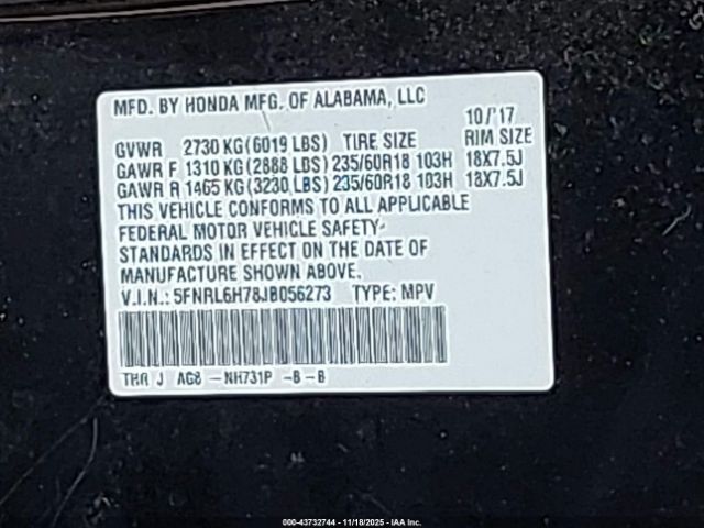 2018 HONDA ODYSSEY 5FNRL6H78JB056273 Photo 8