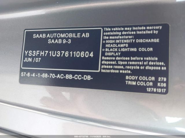 2007 SAAB 9-3 YS3FH71U376110604 Photo 8