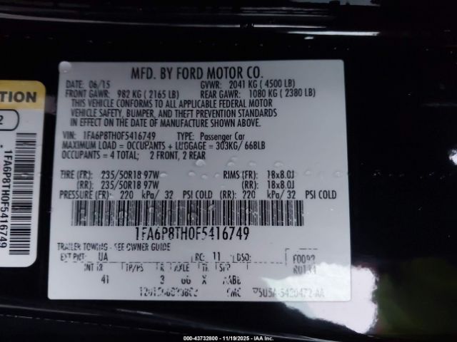 2015 FORD MUSTANG 1FA6P8TH0F5416749 Photo 8