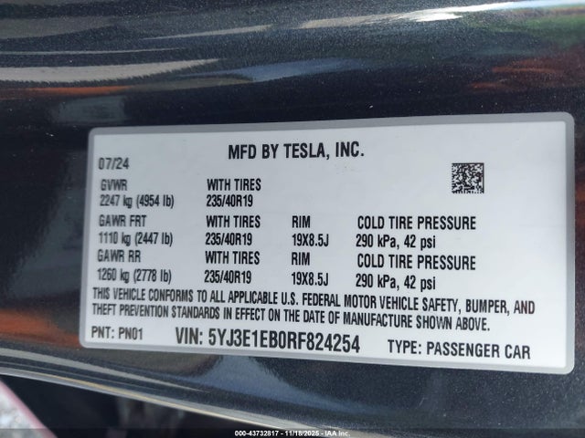 Продажа на аукционе авто 2024 Tesla Model 3 Long Range Dual Motor All-wheel Drive, vin: 5YJ3E1EB0RF824254, номер лота: 43732817