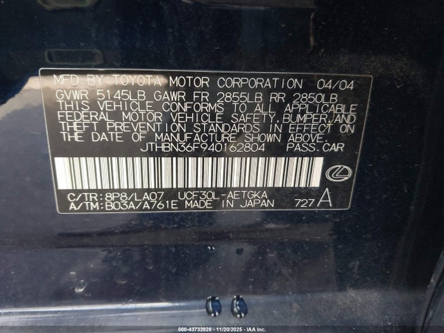2004 LEXUS LS 430 JTHBN36F940162804 Photo 8