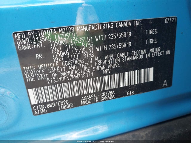 2T3J1RFV7MW218141 Toyota Rav4 Adventure