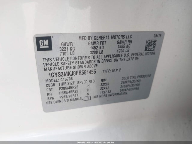 2015 CADILLAC ESCALADE 1GYS3MKJ8FR681455 Photo 8