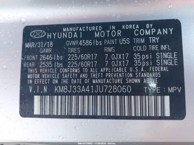 KM8J33A41JU728060 Hyundai Tucson Sel Plus