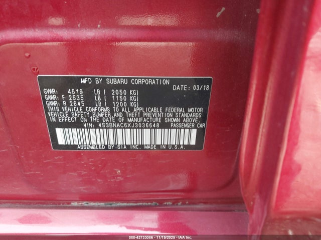 43733086 :رقم المزاد ، 4S3BNAC6XJ3036648 vin ، 2018 Subaru Legacy 2.5i Premium مزاد بيع