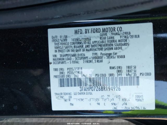2008 FORD FUSION 3FAHP07Z68R194926 Photo 8