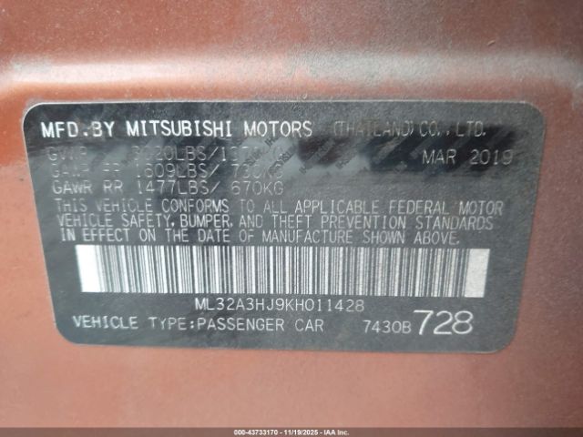 2019 MITSUBISHI MIRAGE ML32A3HJ9KH011428 Photo 8
