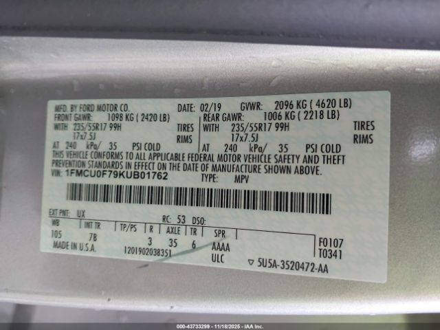 2019 FORD ESCAPE 1FMCU0F79KUB01762 Photo 8