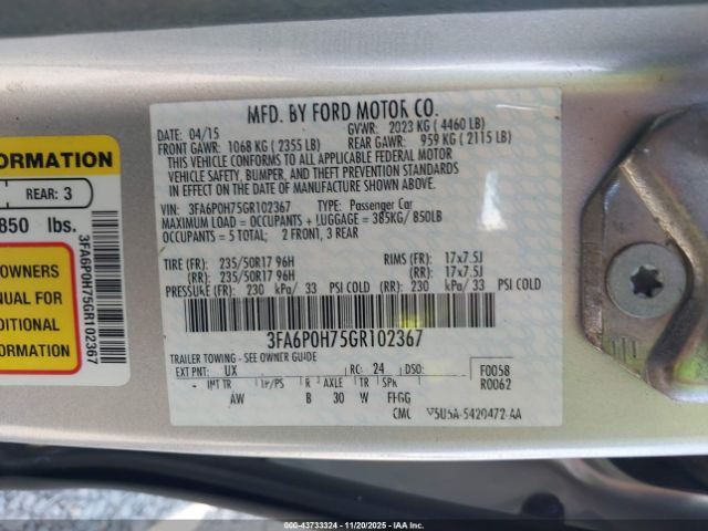 2016 FORD FUSION 3FA6P0H75GR102367 Photo 8