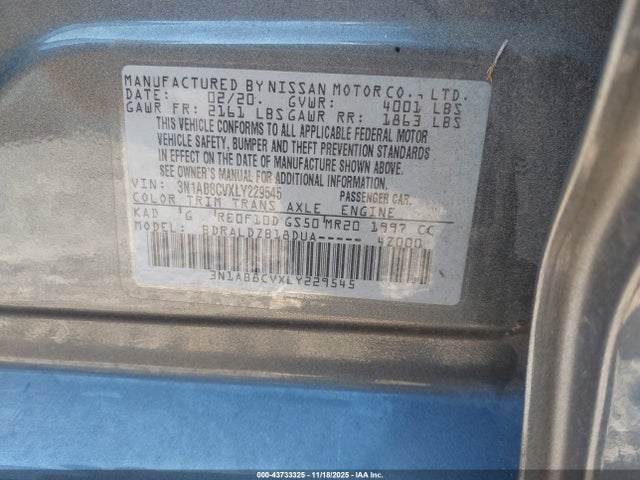2020 Nissan Sentra Sv Xtronic Cvt მანქანა იყიდება აუქციონზე, vin: 3N1AB8CVXLY229545, აუქციონის ნომერი: 43733325