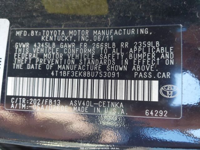 2011 TOYOTA CAMRY 4T1BF3EK8BU753091 Photo 8