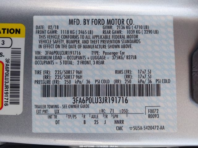 2018 FORD FUSION HYBRID 3FA6P0LU3JR191716 Photo 8