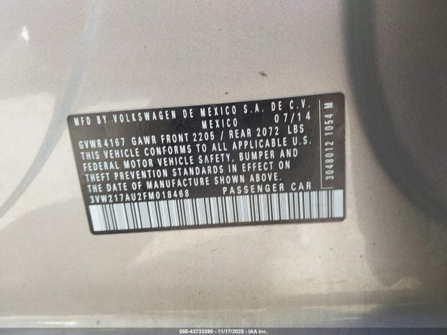 Продажа на аукционе авто 2015 Volkswagen Golf Tsi S 4-door, vin: 3VW217AU2FM018468, номер лота: 43733390