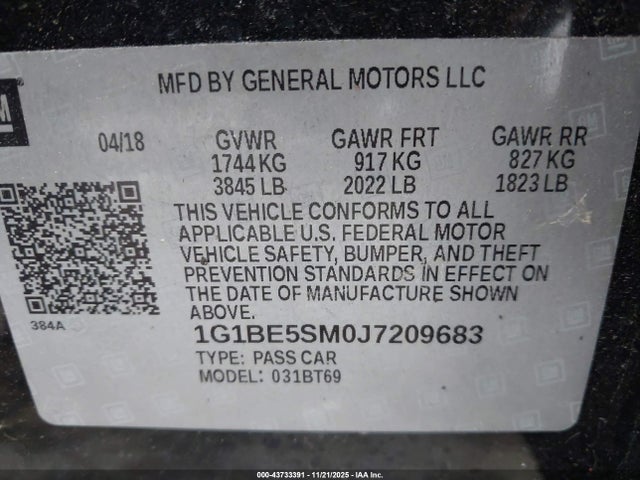 1G1BE5SM0J7209683 Chevrolet Cruze Lt Auto