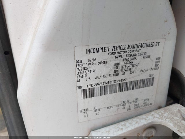 Aukcja sprzedaży 2008 Ford F-350 Chassis Lariat/xl/xlt, vin: 1FDWW37R68ED51455, numer aukcji: 43733535