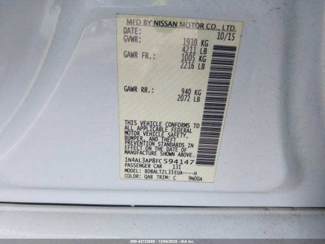 43733589 :رقم المزاد ، 1N4AL3AP8FC594147 vin ، 2015 Nissan Altima 2.5 Sl مزاد بيع