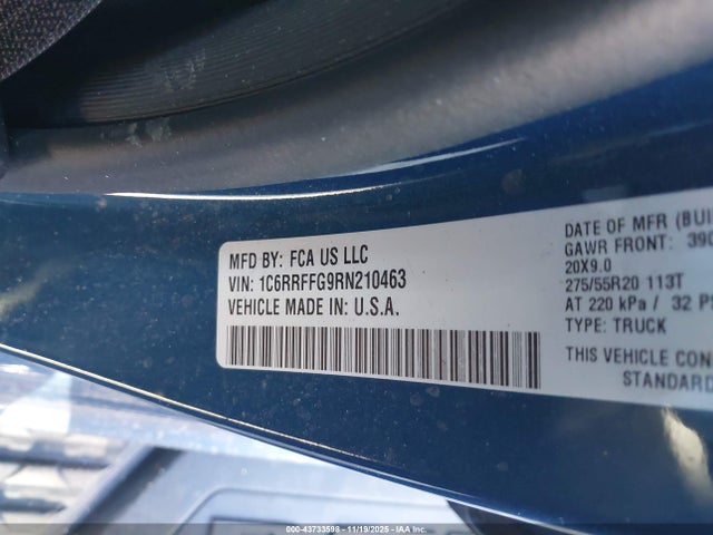 43733598 :رقم المزاد ، 1C6RRFFG9RN210463 vin ، 2024 Ram 1500 مزاد بيع