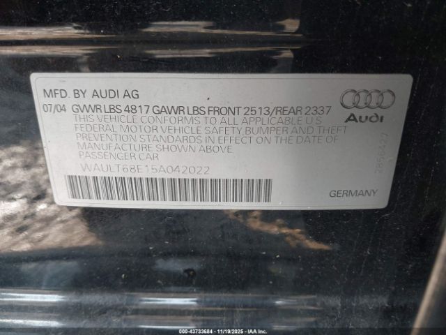2005 AUDI A4 WAULT68E15A042022 Photo 8