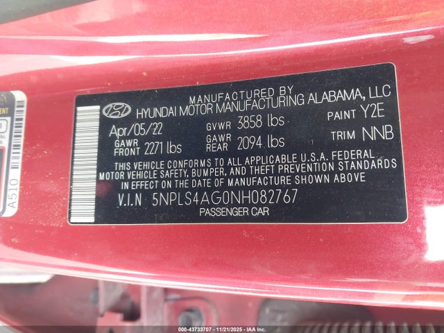 5NPLS4AG0NH082767 Hyundai ELANTRA SEL