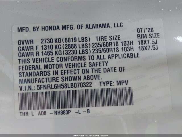 5FNRL6H58LB070322 Honda ODYSSEY EX