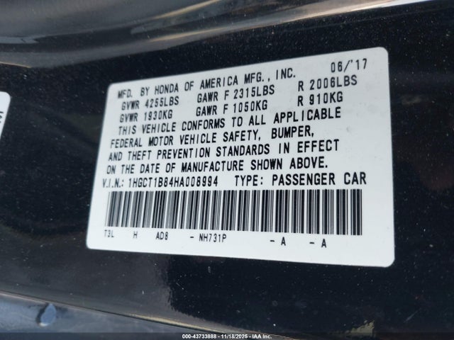 43733888 :رقم المزاد ، 1HGCT1B84HA008994 vin ، 2017 Honda Accord Ex-l مزاد بيع