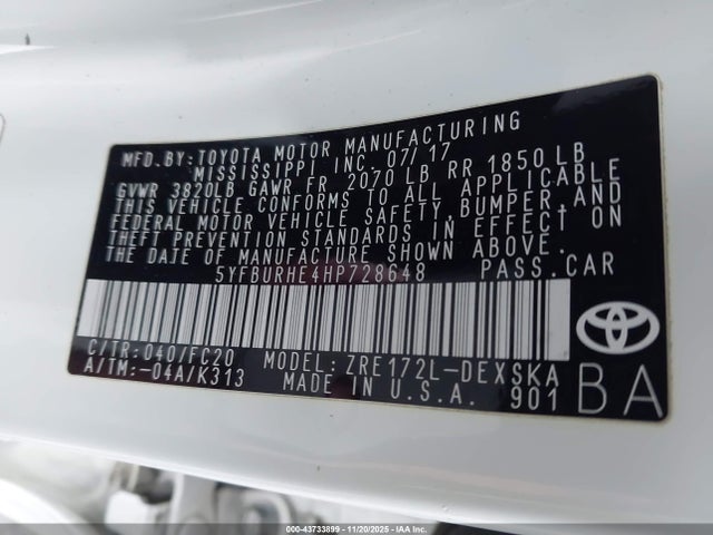 Toyota COROLLA SE 2017 5YFBURHE4HP728648 Image 9