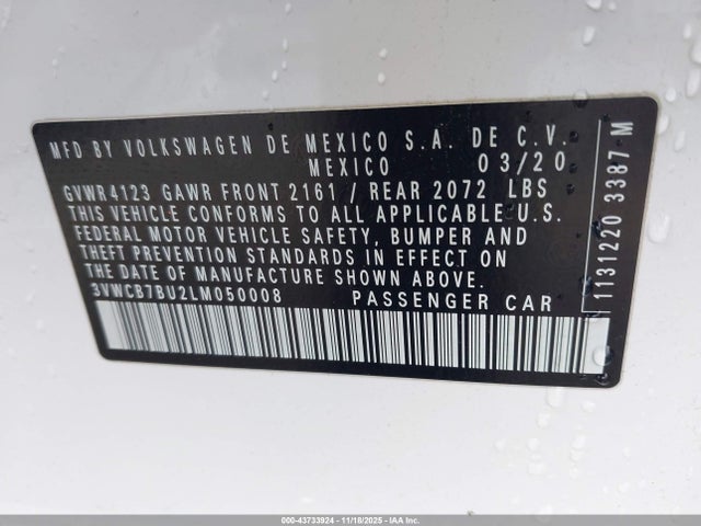 Продажа на аукционе авто 2020 Volkswagen Jetta 1.4t R-line/1.4t S/1.4t Se, vin: 3VWCB7BU2LM050008, номер лота: 43733924