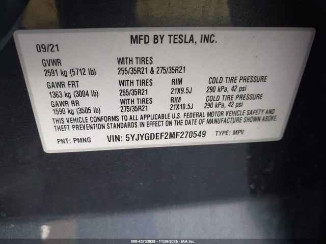 2021 TESLA MODEL Y 5YJYGDEF2MF270549 Photo 8